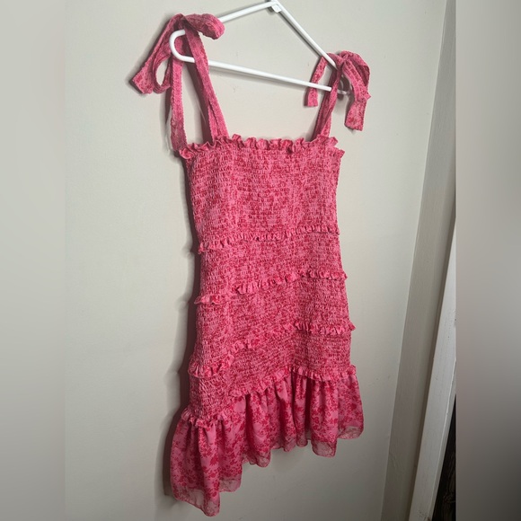 Square Neck Ruffle Bow Shoulder Tiered Slim Fit Smocked Short Mini Dress Pink M - Picture 3 of 10